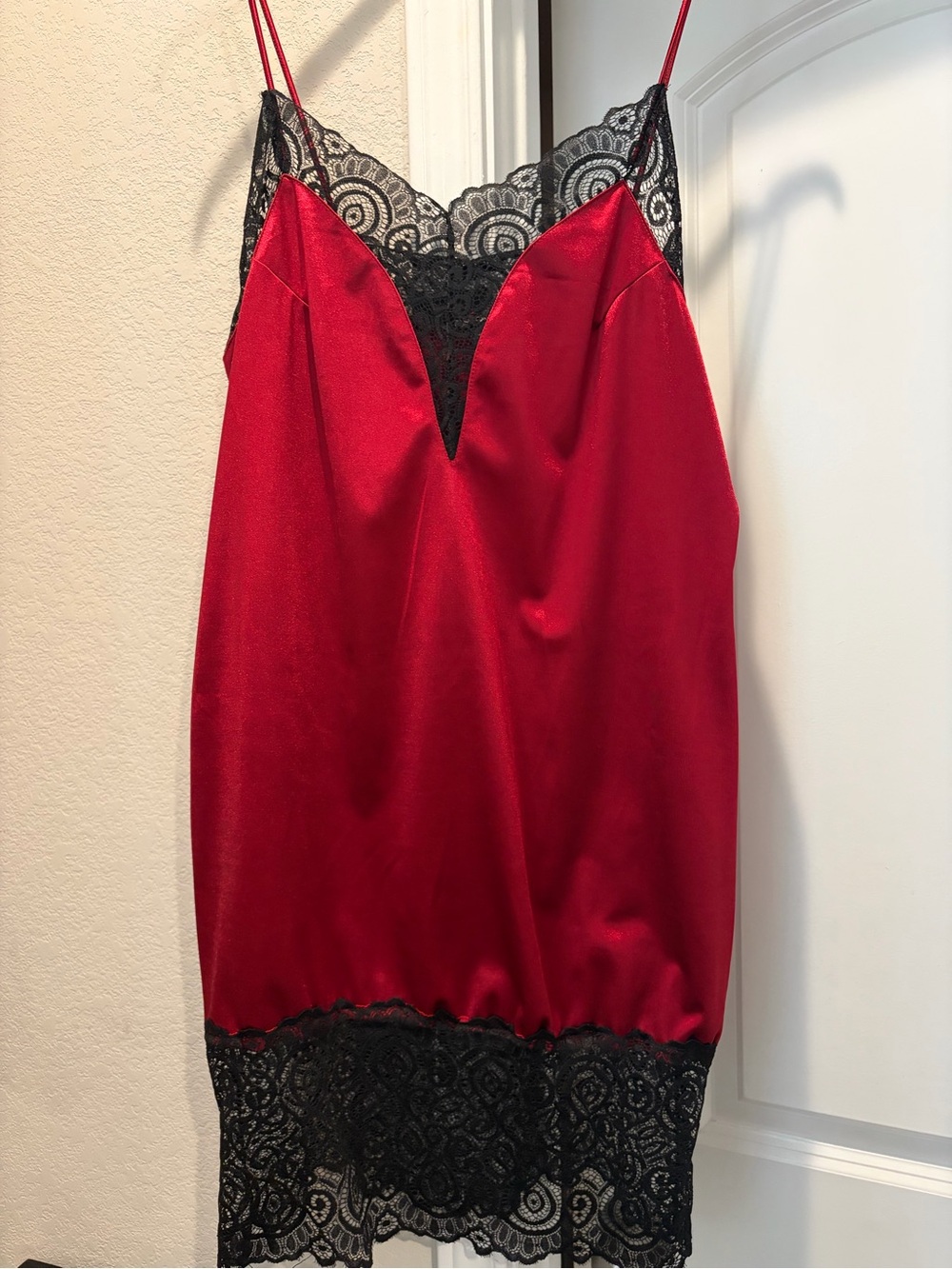 Fashion Nova Red Satin Slip with Black Lace Trim